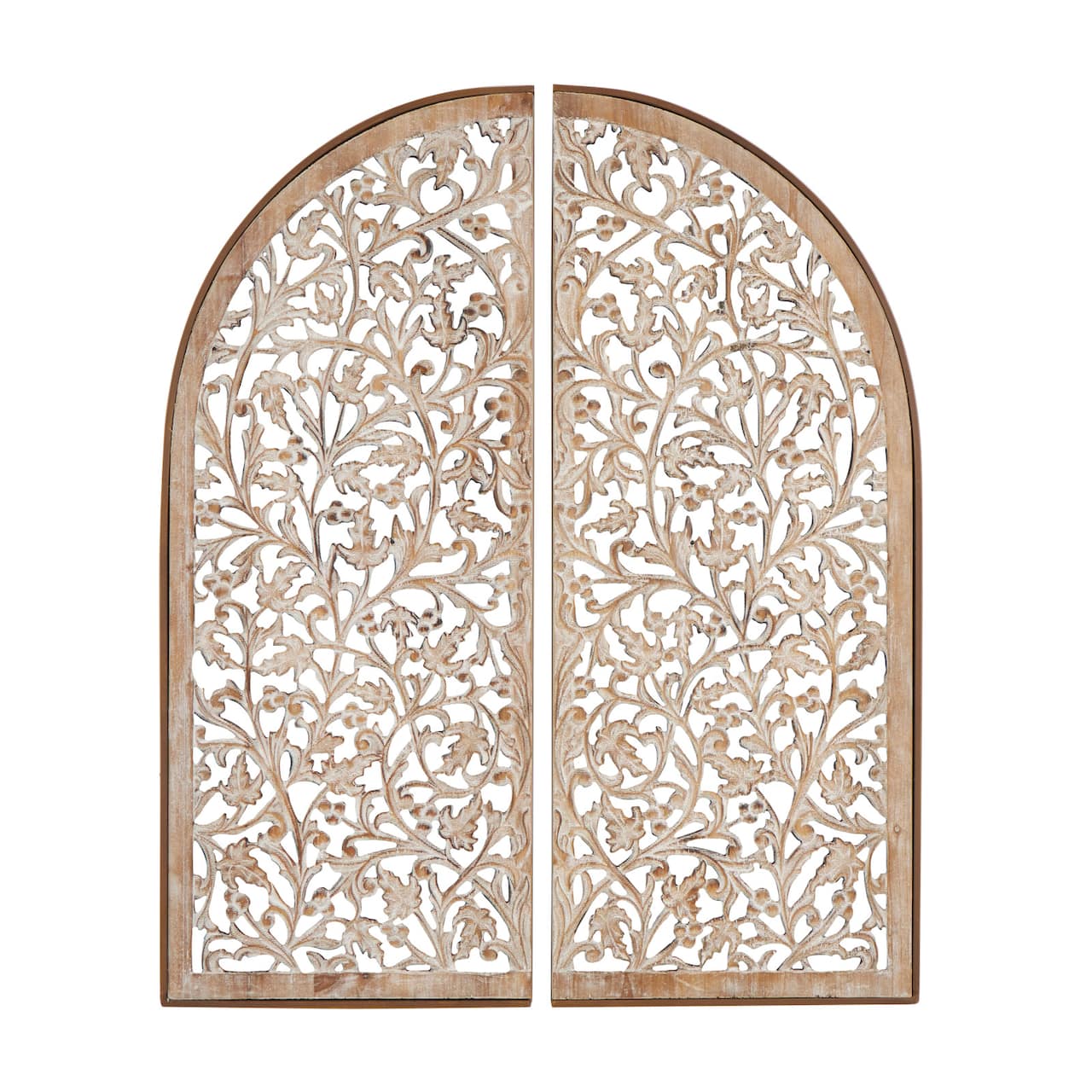 Brown Handmade Floral Carved Arched Wall Décor, 2ct.